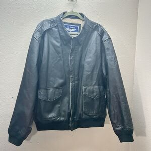 Air Force Airborne Leather Jacket Mens XL Tall Black Pockets Flag Aviator Bomber